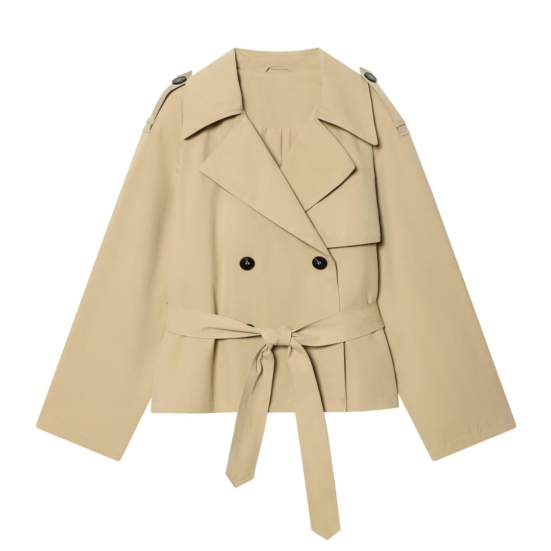 Damen Kurz geschnittener Trenchcoat mit Taillengürtel und Schulterklappen Nord Taschen