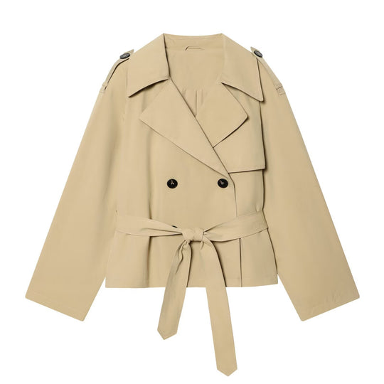 Damen Kurz geschnittener Trenchcoat mit Taillengürtel und Schulterklappen Nord Taschen