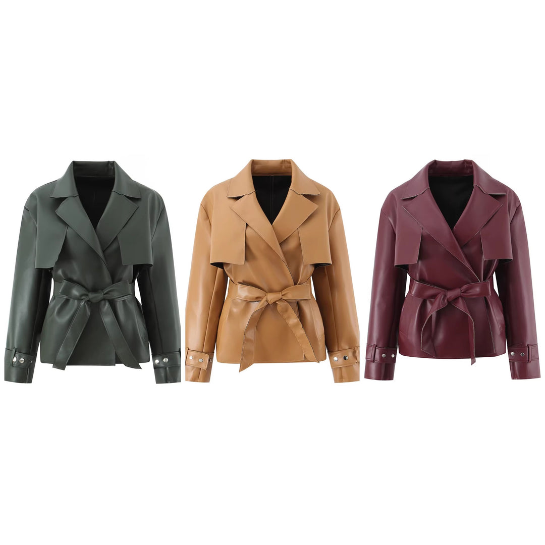 Damen Kurz geschnittener Kunstleder-Trenchcoat mit Taillengürtel Nord Taschen