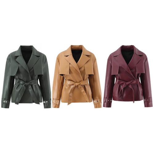 Damen Kurz geschnittener Kunstleder-Trenchcoat mit Taillengürtel Nord Taschen