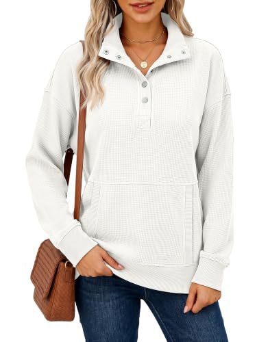 Damen Waffelstrick-Pullover mit Stehkragen, Druckknopfleiste und Kängurutasche Nord Taschen