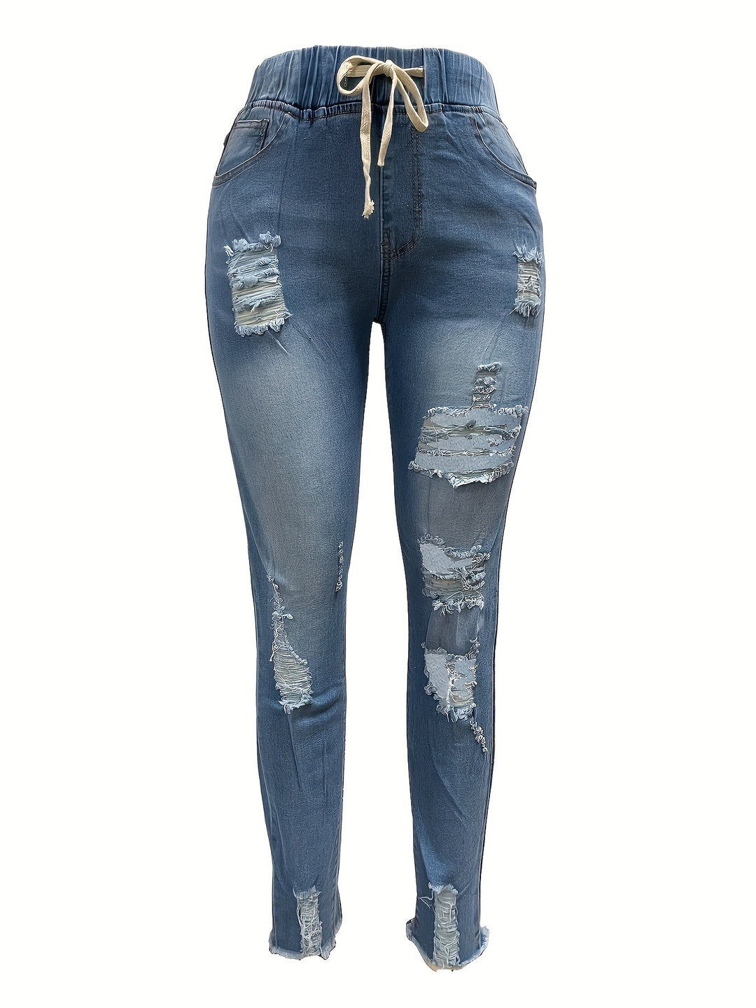 Damen Distressed High‑Waist Jogger-Jeans mit Gummibund, Bindeband und ausgefransten Knöchelabschlüssen Nord Taschen