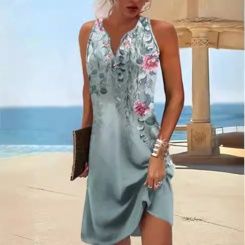 Damen, lässiges Sommerkleid mit V-Ausschnitt und asymmetrischem Saum