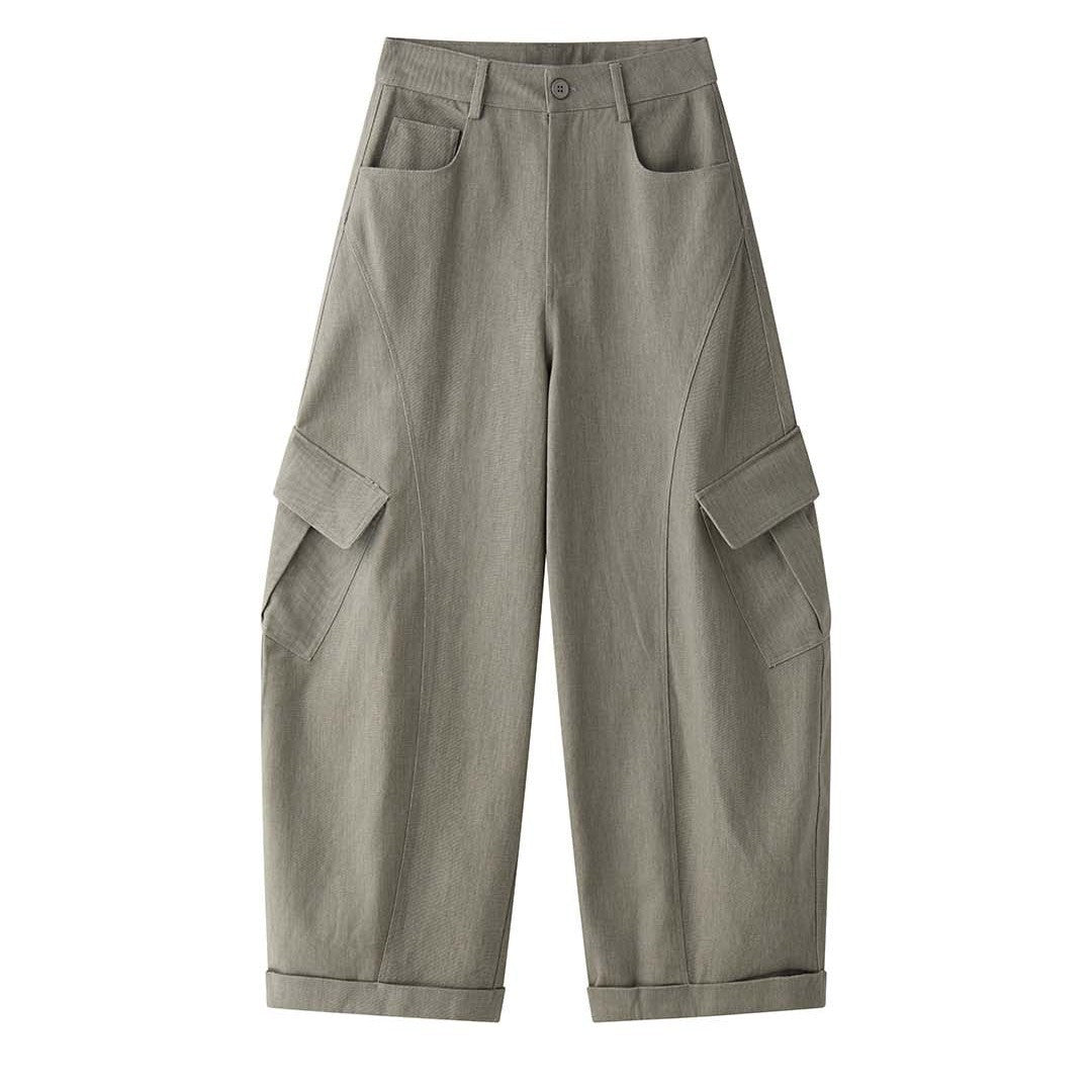Damen Weite Twill-Cargo-Hose im Baggy-Stil mit hoher Bundlinie, Knie-Panels und Umschlagsaum Nord Taschen