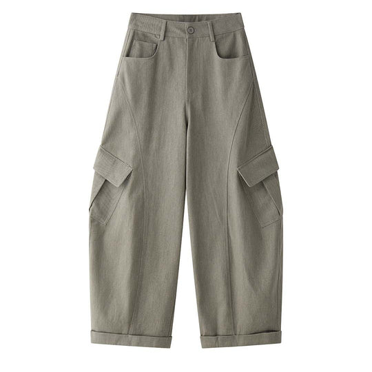 Damen Weite Twill-Cargo-Hose im Baggy-Stil mit hoher Bundlinie, Knie-Panels und Umschlagsaum Nord Taschen