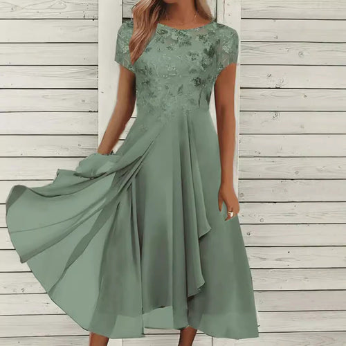 Damen nan fließendes Chiffon-Midikleid mit blumenbesticktem Oberteil und asymmetrischem Stufenrock - Vittorelli