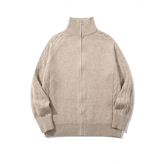 Unisex Boxy-Zip-Strickjacke mit Stehkragen, Zopfmusterärmeln und gerippten Abschlüssen Nord Taschen