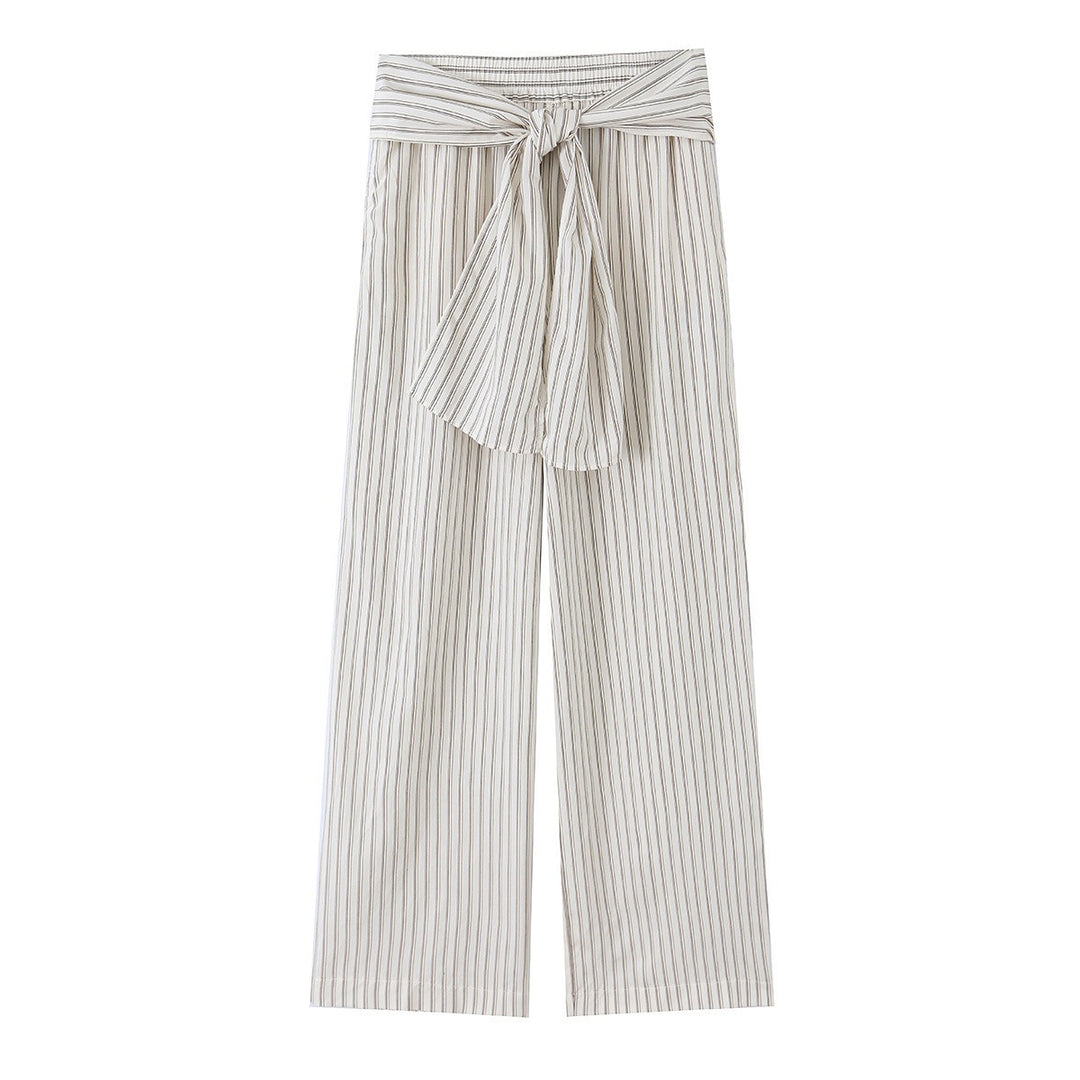 Damen Weite Highwaist-Hose mit vertikalen Streifen und Bindegürtel Nord Taschen
