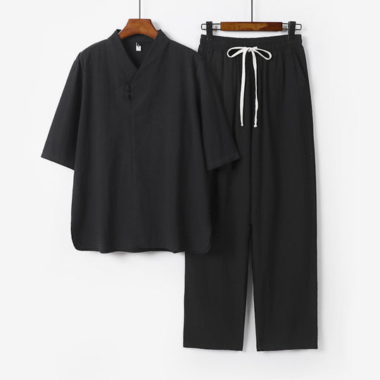 Herren Zweiteiliges Leichtes Loungewear-Set mit Stehkragen-Halbarmshirt und Kordelbund-Hose Nord Taschen