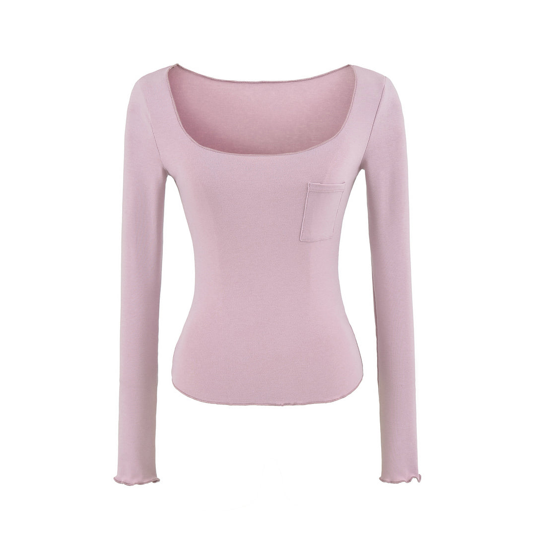 Damen Figurbetontes geripptes Langarmshirt mit weitem Quadrat-Ausschnitt und Brusttasche Nord Taschen