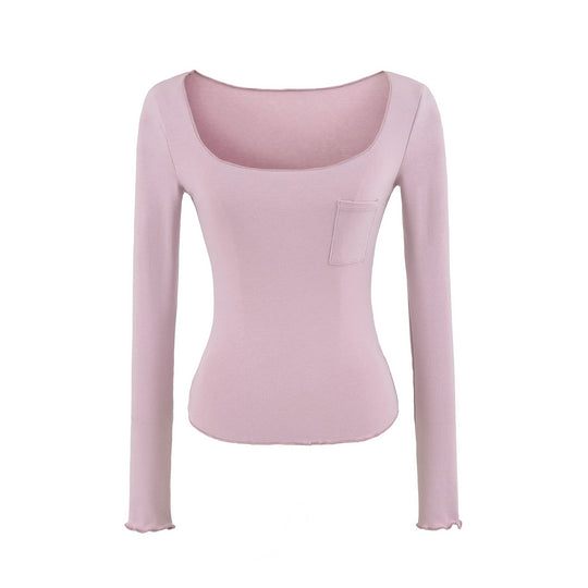 Damen Figurbetontes geripptes Langarmshirt mit weitem Quadrat-Ausschnitt und Brusttasche Nord Taschen