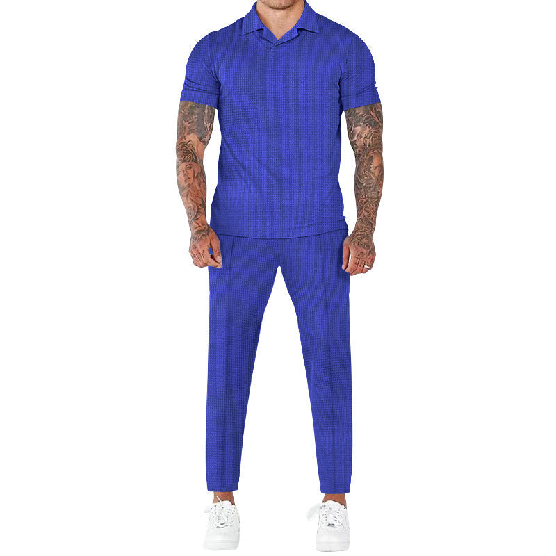 Herren elegantes Kurzarm-Hemd- und Hose-Set mit strukturiertem Design und komfortabler Passform - Arvani