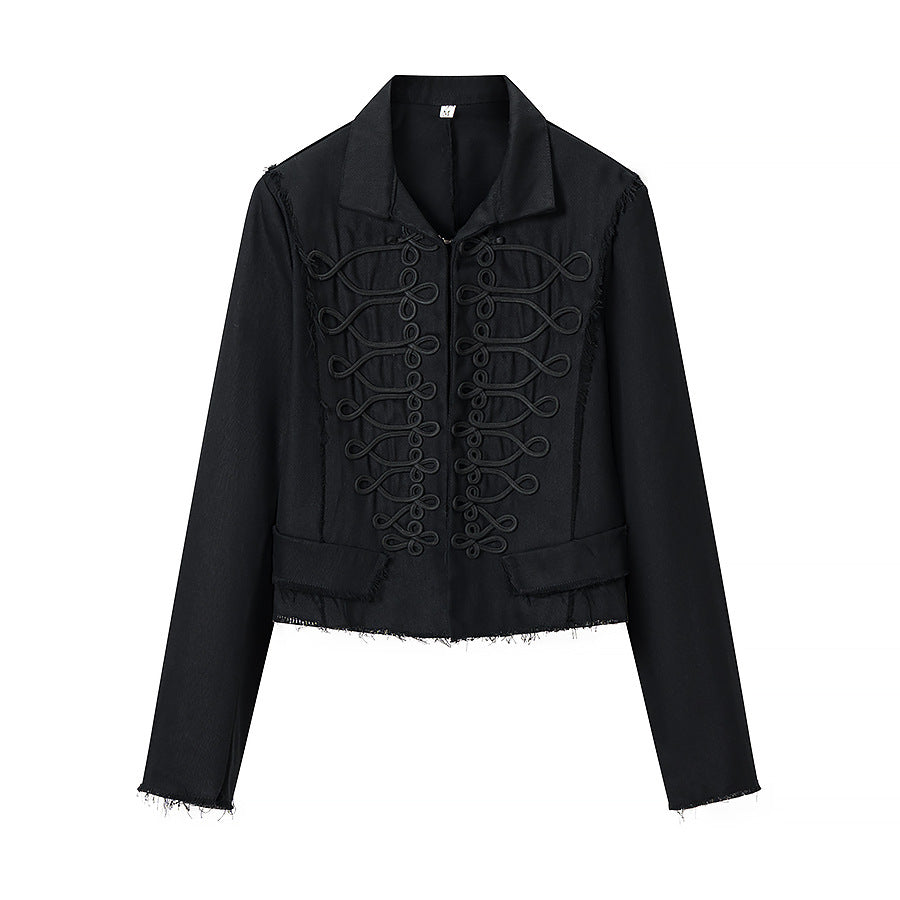 Damen Kurze militärisch inspirierte Jacke mit Zierkordeln und fransigem Saum Nord Taschen