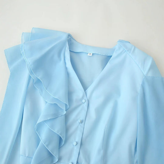 Damen Rüschenbluse mit Stehkragen, Volantdetails und Taillengürtel Nord Taschen