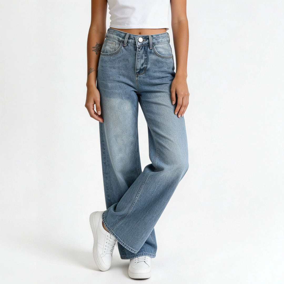 Damen hochgeschnittene Palazzo-Jeans mit extra weitem Bein und taillierendem Schnitt Nord Taschen