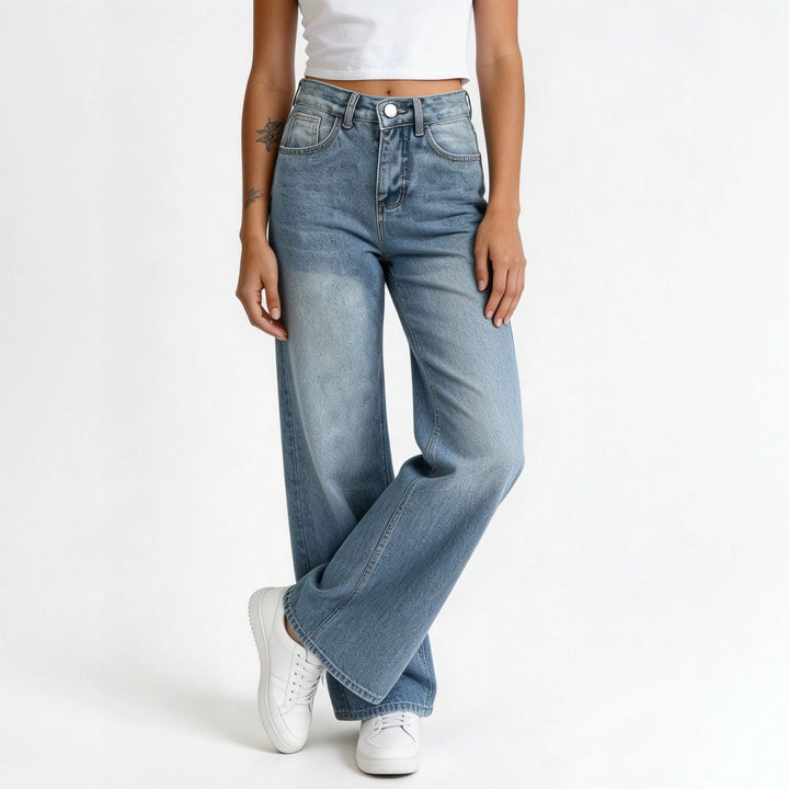 Damen hochgeschnittene Palazzo-Jeans mit extra weitem Bein und taillierendem Schnitt Nord Taschen