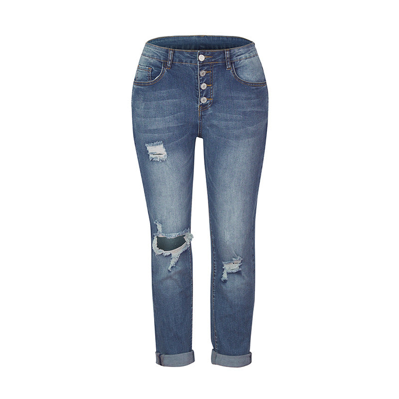 Damen Skinny-Jeans mit hoher Knopfleiste und lässigem Ripped-Used-Look Nord Taschen