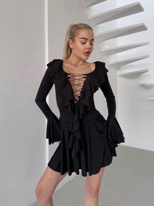Damen Rüschiges Skaterkleid mit Volants, ausgestelltem Rock und Glockenärmeln Nord Taschen