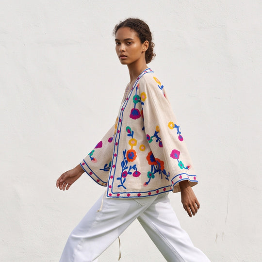 Damen bestickte Leinen‑Überwurfjacke mit folkloristischen Blumenapplikationen Nord Taschen