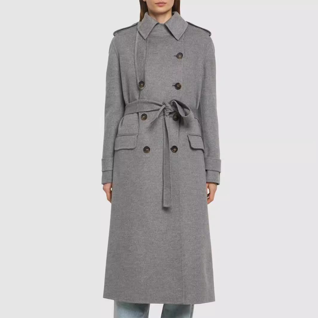 Damen Midilanger Taillierter Doppelreiher‑Trenchcoat aus Wollmix mit ausgestelltem Saum Nord Taschen