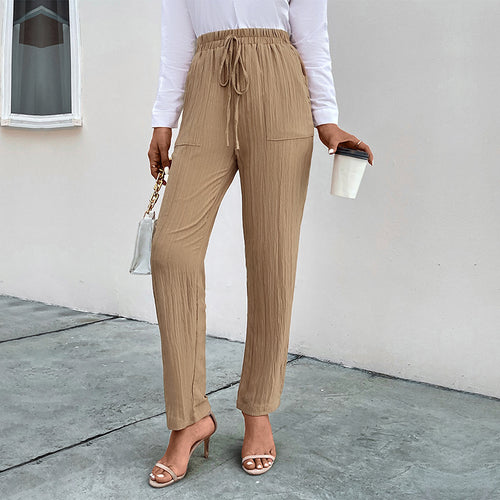 Damen Leichte Crinkle-Hose mit hohem Elastikbund, Tunnelzug und aufgesetzten Taschen Nord Taschen