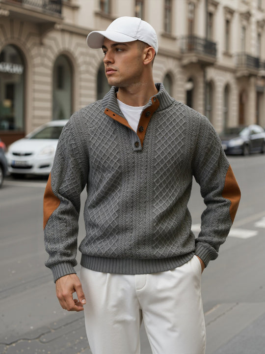 Herren Troyer-Pullover mit Stehkragen, strukturierter Strickoptik und Kontrast-Ellbogenpatches Nord Taschen