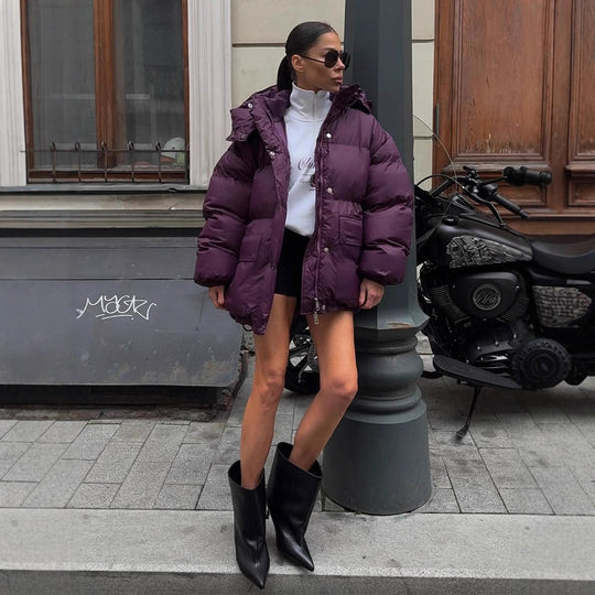 Damen Oversize Steppjacke mit Kapuze und wattierter Thermofütterung Nord Taschen