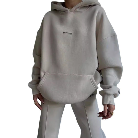 Damen Set Schwere French‑Terry Oversize‑Kapuzenpullover mit Kängurutasche und Slim‑Jogginghose Nord Taschen