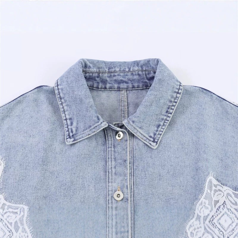 Damen verkürzte Jeansjacke mit Spitzenbesatz und überschnittener Schulter Nord Taschen