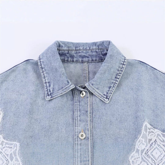 Damen verkürzte Jeansjacke mit Spitzenbesatz und überschnittener Schulter Nord Taschen