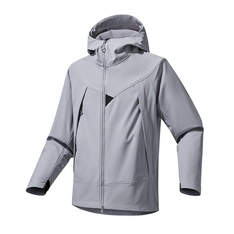 Herren Technische Softshell-Outdoorjacke mit Kapuze winddichtem Stretch und Zwei-Wege-Reißverschluss Nord Taschen