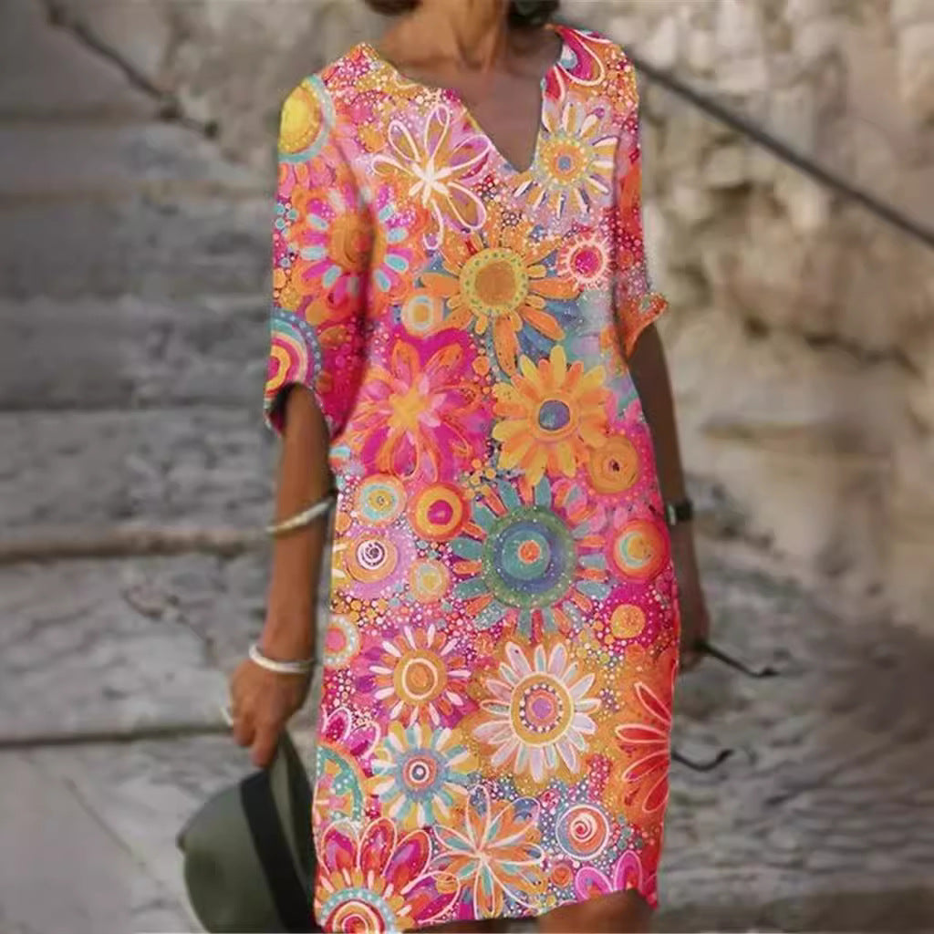 Damen lässiges Freizeitkleid mit floralen Mustern und V-Ausschnitt Nord Taschen