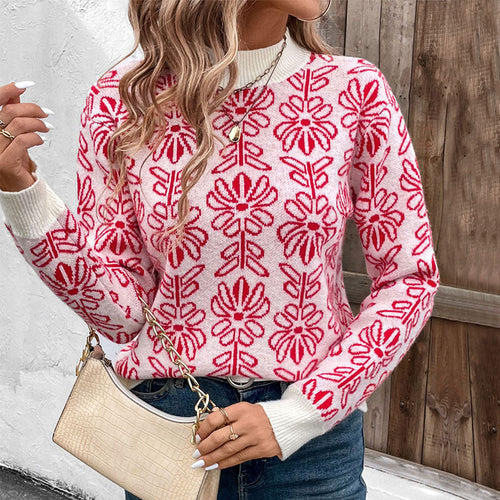 Damen Gestrickter Jacquard-Pullover mit floralem Muster und Rippbündchen Nord Taschen