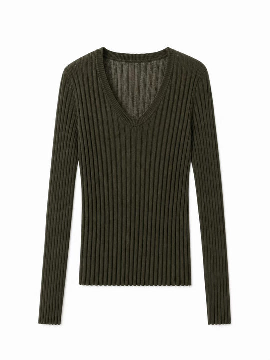 Damen Enges Feinstrick-Longsleeve mit tiefem V-Ausschnitt und breiter Rippenstruktur Nord Taschen