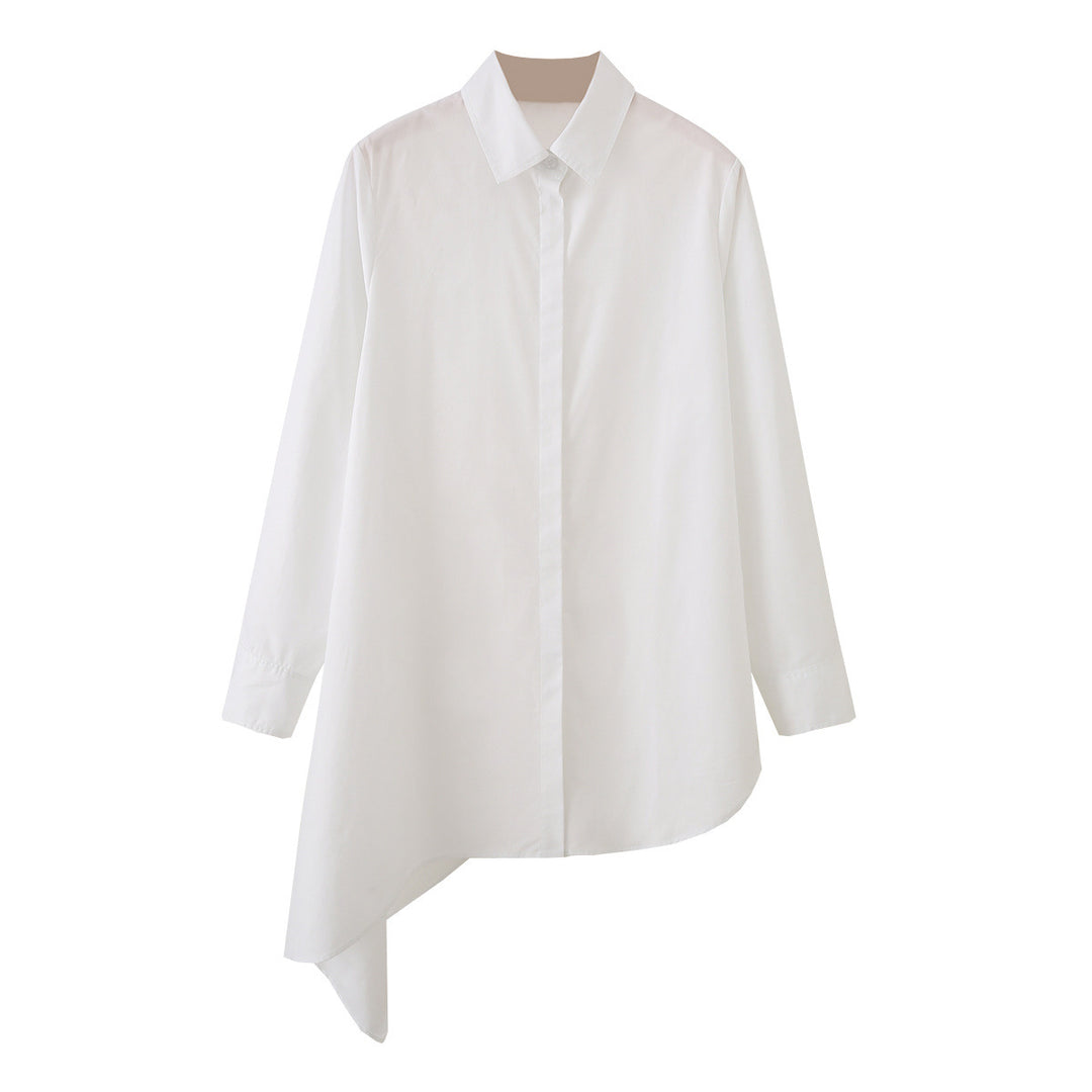 Damen Asymmetrische Oversize-Hemdbluse mit seitlichem Drape und verdeckter Knopfleiste Nord Taschen