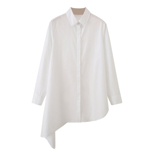 Damen Asymmetrische Oversize-Hemdbluse mit seitlichem Drape und verdeckter Knopfleiste Nord Taschen