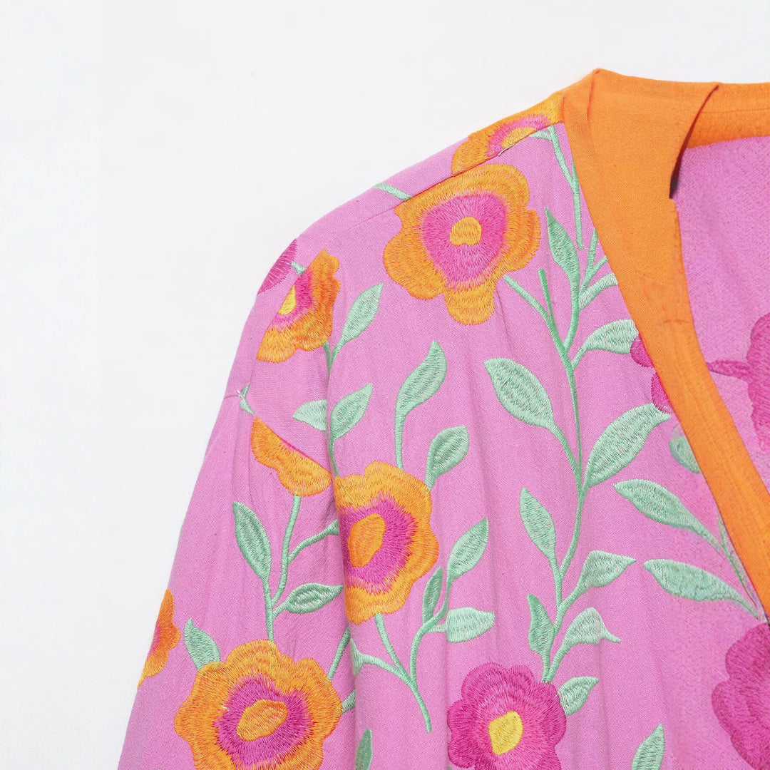 Damen Besticktes Kimono-Blouson mit Taillengürtel und floraler Stickerei Nord Taschen