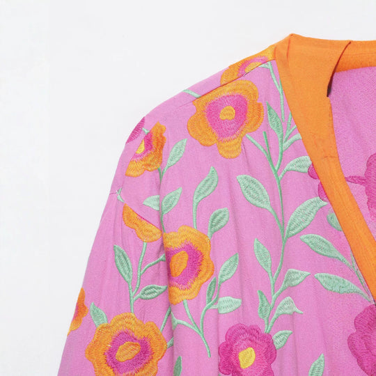 Damen Besticktes Kimono-Blouson mit Taillengürtel und floraler Stickerei Nord Taschen