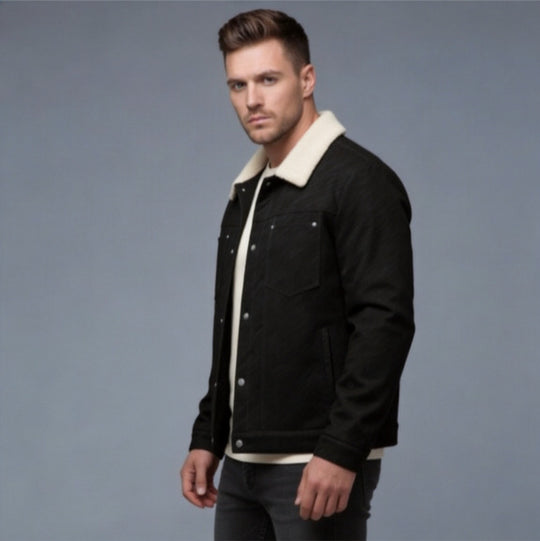Herren Lässige Sherpa-gefütterte Truckerjacke mit Kunstfellkragen Nord Taschen