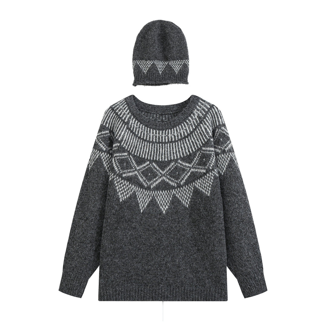 Damen Oversize Norweger‑Strickpullover mit Rundhalsausschnitt und passender Strickmütze Nord Taschen