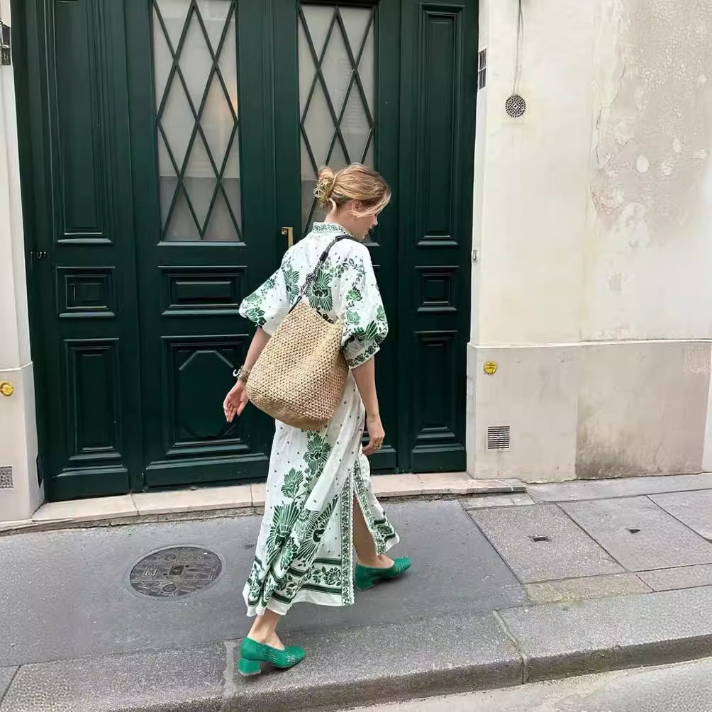 Damen Maxi-Kleid im Boho-Hemdstil mit Stehkragen und durchgehender Knopfleiste Nord Taschen