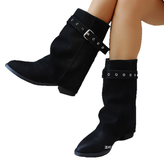 Damen Mid-Calf-Stiefel mit Schnallenriemen und niedrigem Blockabsatz Nord Taschen