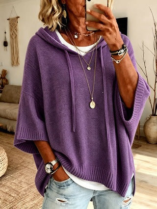 Damen Oversize Strick-Poncho mit Kapuze, Fledermausärmeln und Seitenschlitzen Nord Taschen