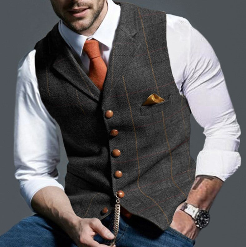 Herren Tweed-Weste im Vintage-Stil mit Revers, Brusttasche und Zierkettendetail Nord Taschen
