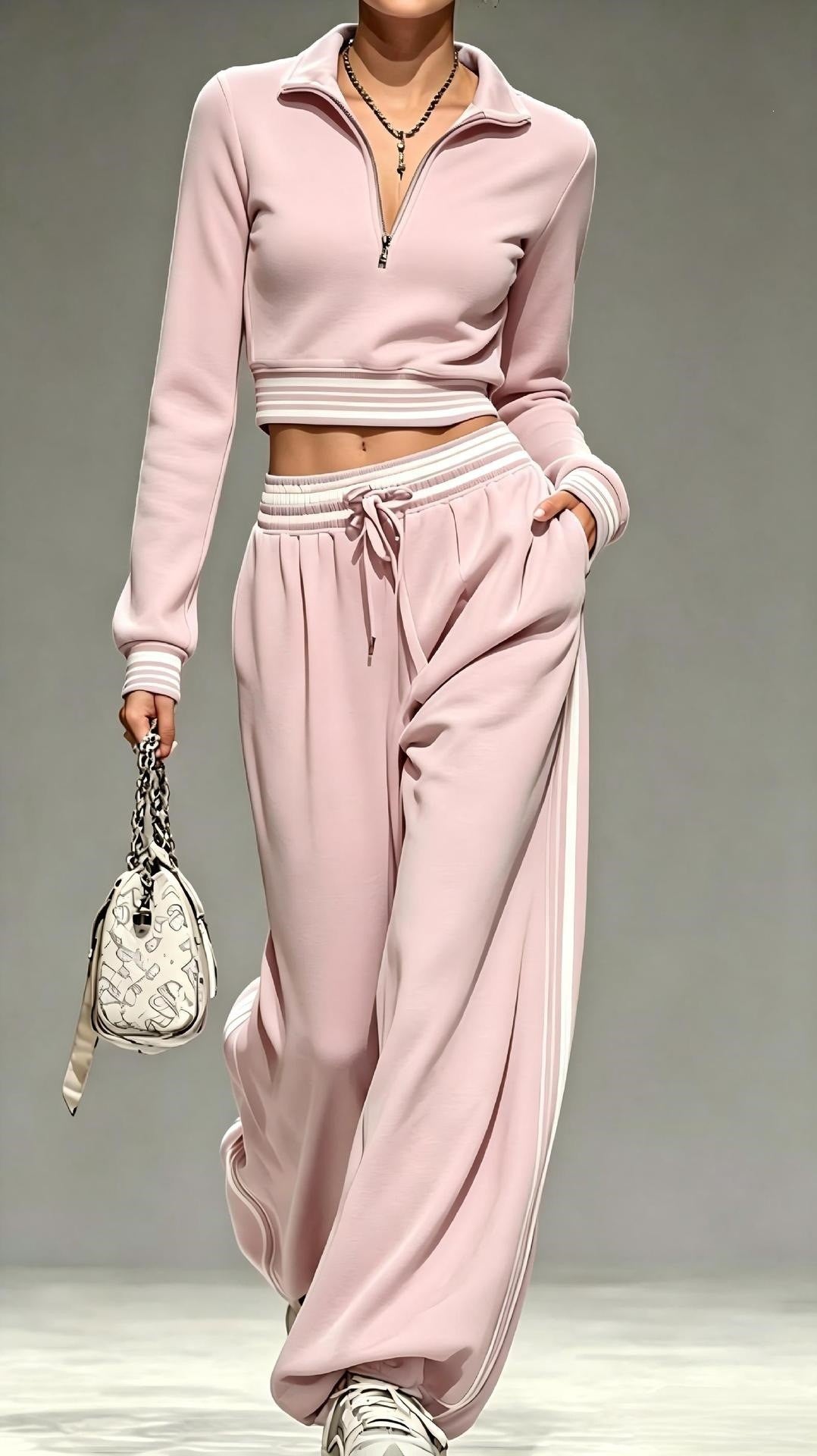 Damen Cropped-Trainingsset mit halbem Reißverschlusskragen und weitem Bundfalten-Jogger Nord Taschen