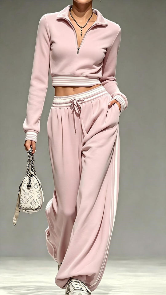 Damen Cropped-Trainingsset mit halbem Reißverschlusskragen und weitem Bundfalten-Jogger Nord Taschen