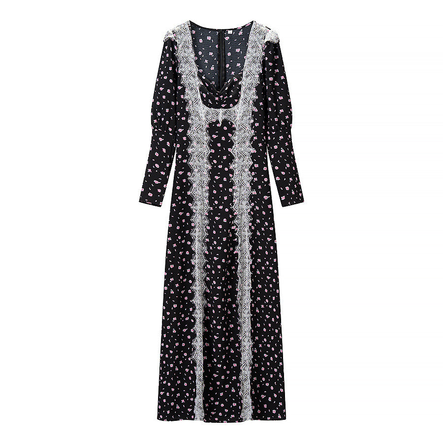 Damen Maxikleid mit Spitzeneinsatz, langen Ärmeln und floralem Allover-Print Nord Taschen