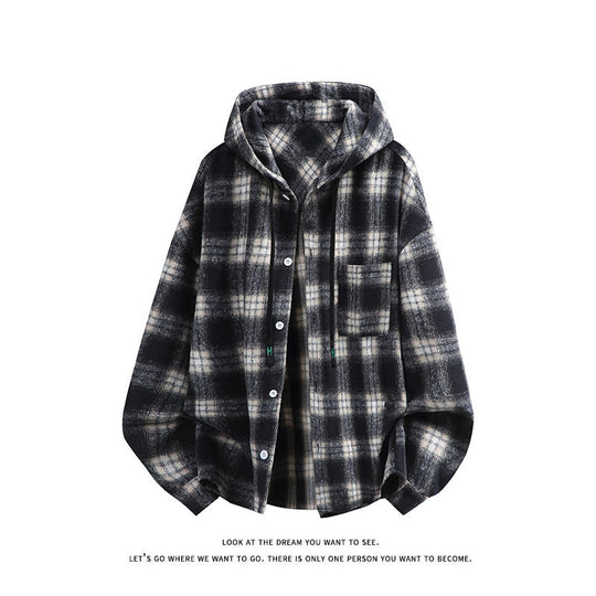 Unisex oversized Kapuzen-Hemdjacke aus Flanell mit Karomuster und Brusttasche Nord Taschen