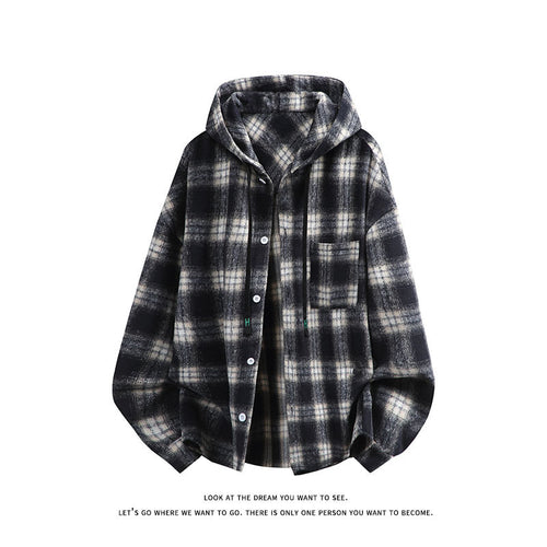 Unisex oversized Kapuzen-Hemdjacke aus Flanell mit Karomuster und Brusttasche Nord Taschen