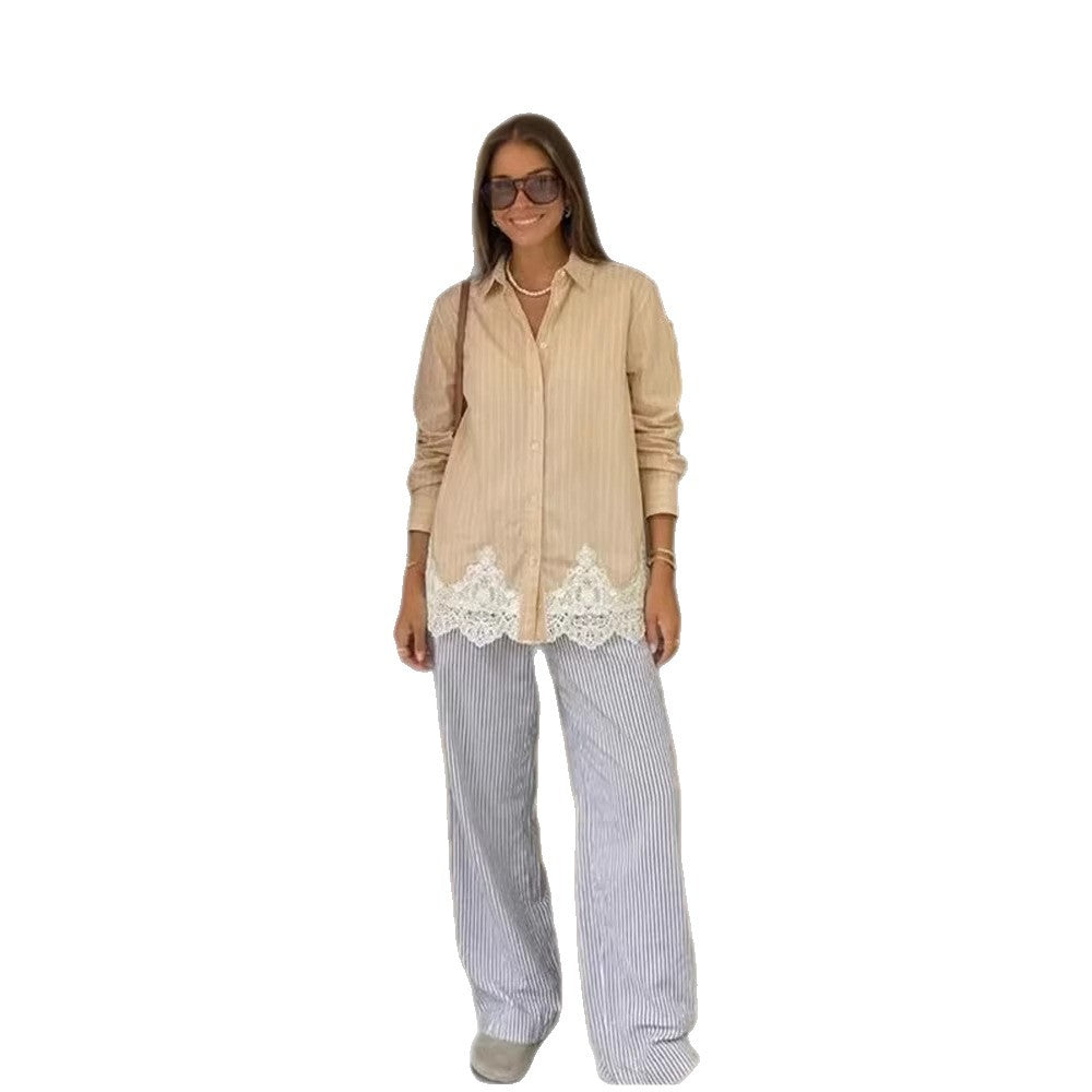 Damen Hemdbluse mit Taillenband, feinen Streifen & Spitzenbesatz Nord Taschen